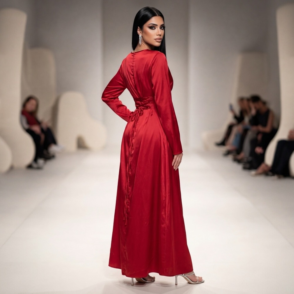 Red Satin Long Sleeve Maxi Dress Lace Up Corset Back Evening Gown Formal - Picture 2 of 9